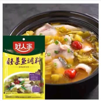 E15เครื่องปรุงรส ซุปปลาผักกาดดองหม้อไฟ好人家酸菜鱼ขนาด220gข้างในซอง มีเครื่องปรุงและผักกาดดองทำง่ายไม่ยุ่งยาก รสชาติหอมอร่อยระ