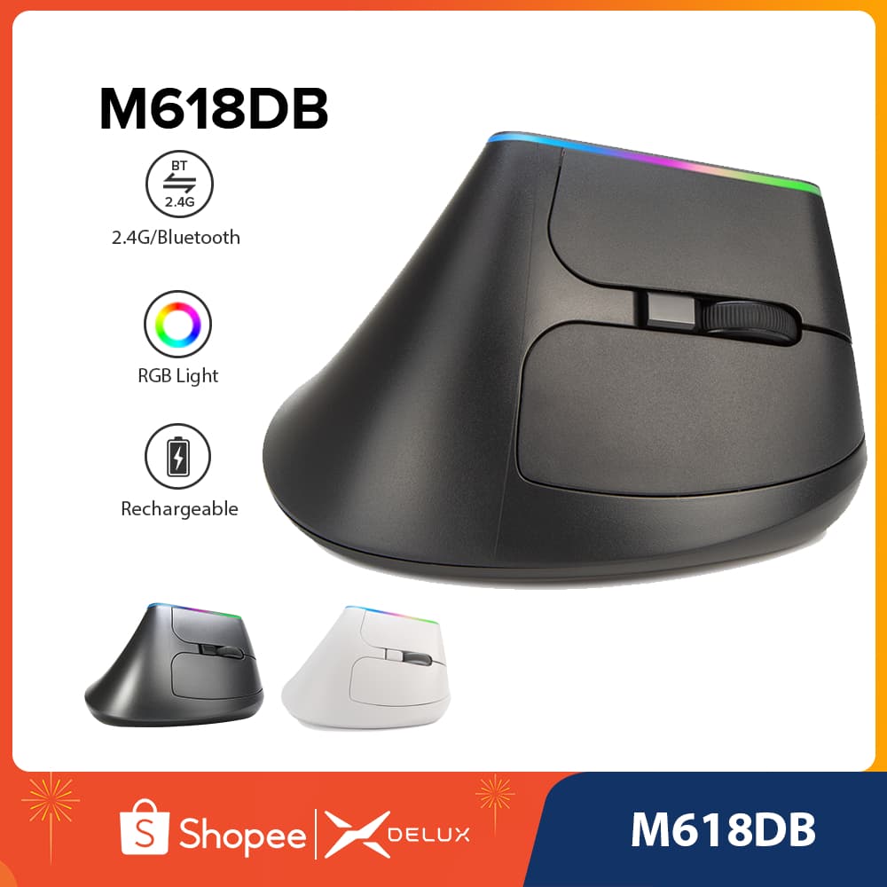 Delux M618DB เมาส์ไร้สาย BT 4.0+2.4GHz โหมดคู่ แนวตั้ง ชาร์จซ้ําได้ สําหรับ PC