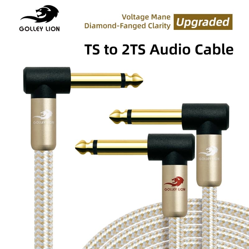 GOLLEY LION อัพเกรดมุมขวา 1/4 นิ้ว TS ถึง 2TS Y Splitter Cable, 6.35 มม.ชาย 2 Mono Male Breakout Cable สําหรับอินเทอร์เฟซเสียง, Mixer, Amplifier