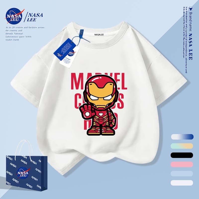 【จัดส่งภายใน 48 ชม.】เสื้อยืดเด็กผ้าฝ้ายแท้ ทรงหลวม สไตล์อเมริกัน NASA ลายไอรอน แมนใส่สบายฤดูร้อน