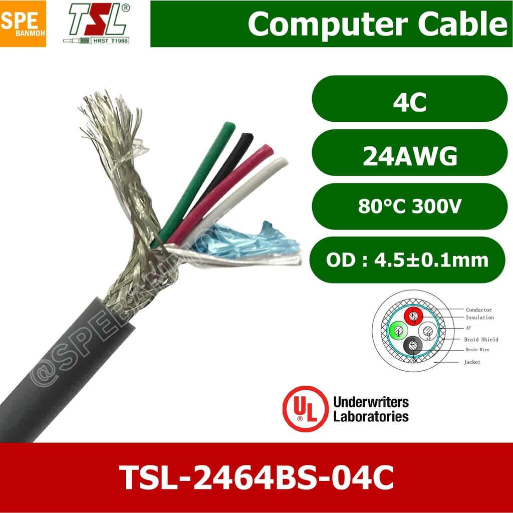 [ 2 เมตร ] TSL UL2464 4C สายคอมพิวเตอร์ 4คอร์ 0.2 mm2 300V 80C สายมัลติคอร์ TSL แบบชีลถัก มาตรฐานUL Braid Shield Myla...