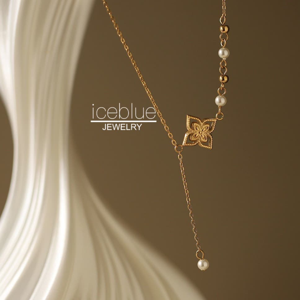 Iceblue-Retro ดอกไม้เพิร์ลจี้สร้อยคอกันน้ํา Non Tarnish 18K Gold Plated 316L สแตนเลสไทเทเนียมเหล็กแฟชั่นสร้อยคอผู้หญิง N162