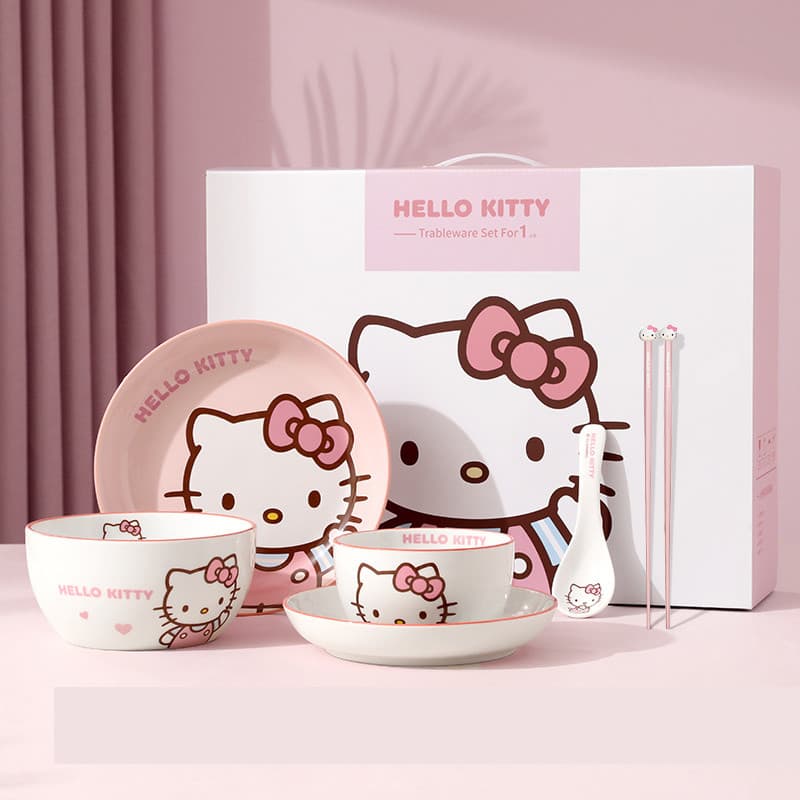 Sanrio Hello Kitty จานชามชุดตะเกียบและช้อนใช้ในครัวเรือนระดับไฮเอนด์จานจานเซรามิกการ์ตูนชุดของขวัญบนโต๊ะอาหาร