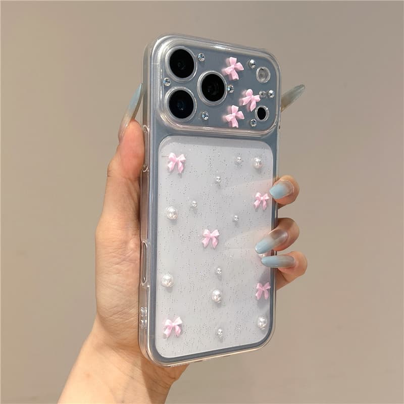 3D สีชมพูโบว์ Pearl Glitter เคสโทรศัพท์สําหรับ iPhone 17 16 15 14 13 12 11 Pro Max กันกระแทก