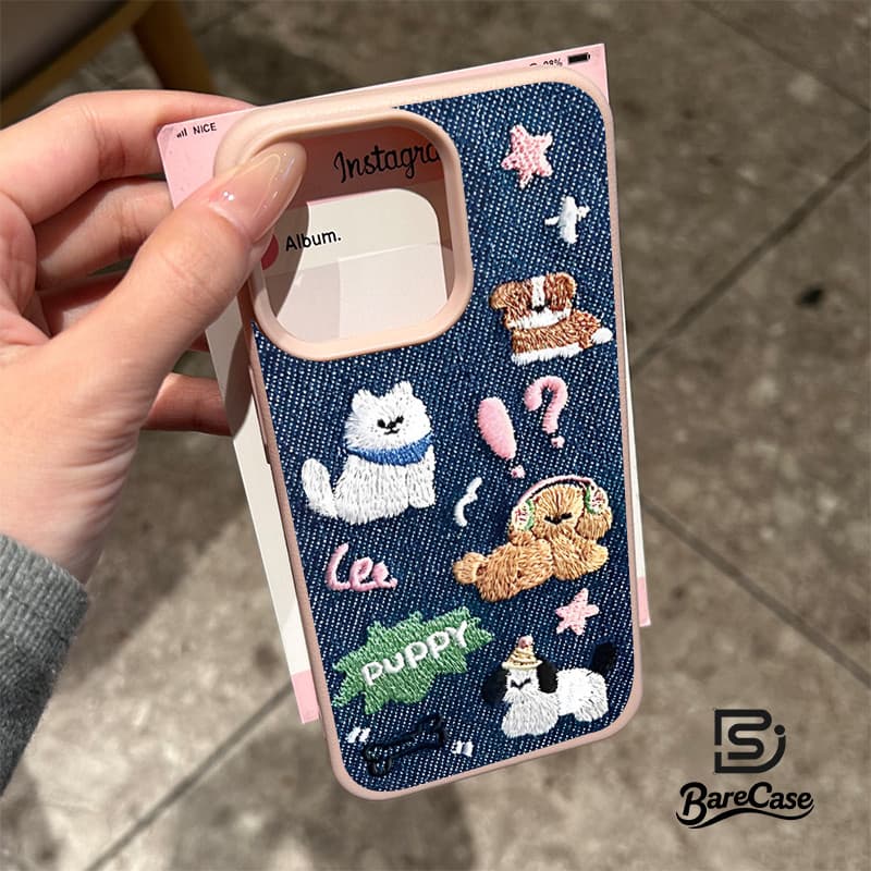 FOR Iphone 17 16 15 14 13 12 11 Pro Max X Xr Xs Max เคสโทรศัพท์การ์ตูนปักคาวบอยลูกสุนัขคู่หนังนุ่มปกหลัง