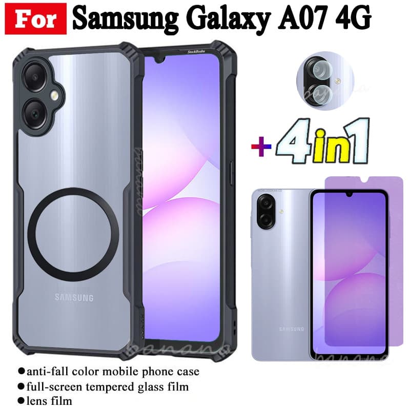 4 in 1 Samsung Galaxy A07 4Gกันกระแทกเคสโทรศัพท์แม่เหล็กชาร์จไร้สายสติกเกอร์สําหรับSamsung A07 A06 A17 A16 Anti-blue Rayกระจกนิรภัยและฟิล์มเลนส์