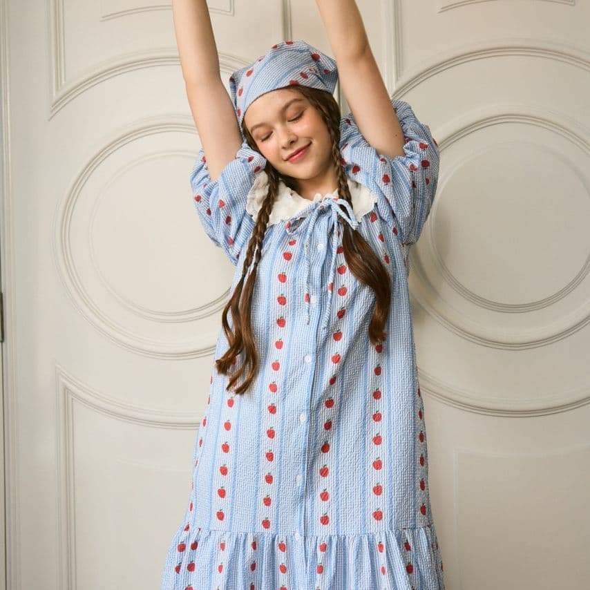lookbookpetite chou dress (adult) blue pommette เดรสยาวผู้หญิงแขนพอง รุ่น chou สี blue pommette