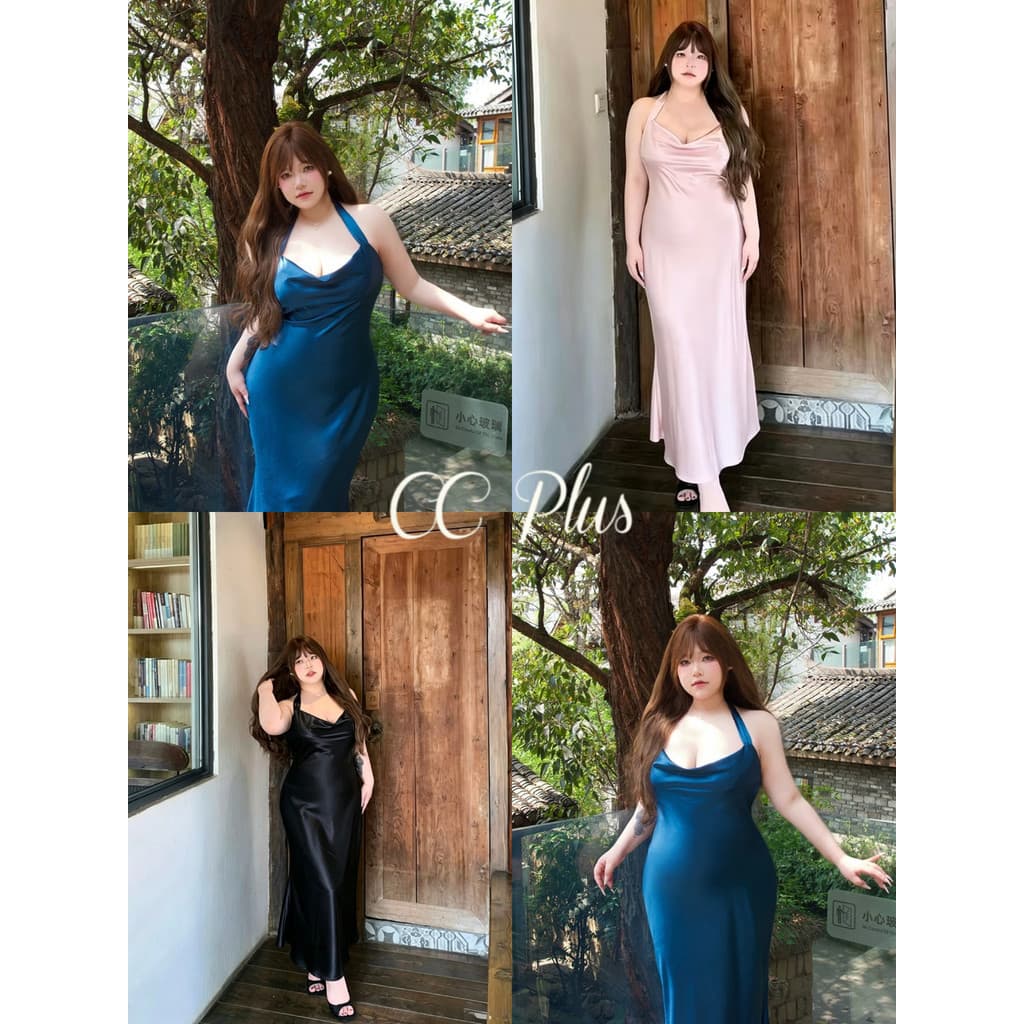 CiCi Plus+(3422) เดรสยาวผ้าซาตินคอถ่วง ดีเทลผูกเชือกด้านหลัง ใส่ออกงานปังๆ สไตล์สาวพลัสไซส์