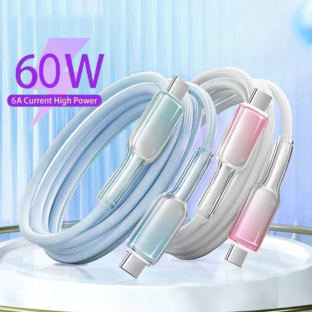 Charging Cable สายชาร์จเร็ว PD60W ใสถัก [27W สำหรับไอโฟน+ทนทานสุด] สายไม่พัน รับประกัน！