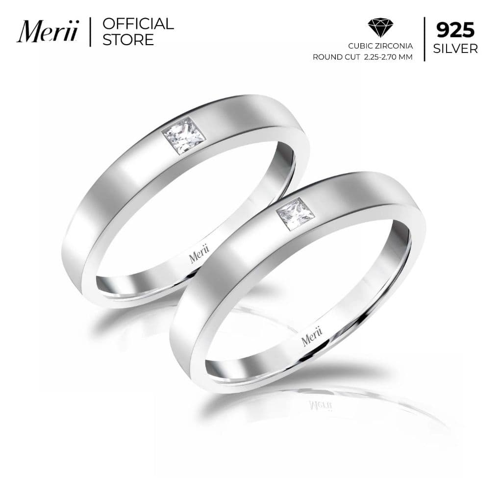 Merii แหวนคู่รักเงินแท้ชุบโรเดียม ประดับ CZ ฝังหุ้ม ดีไซน์แหวนเรียบ สไตล์ Couple Rings
