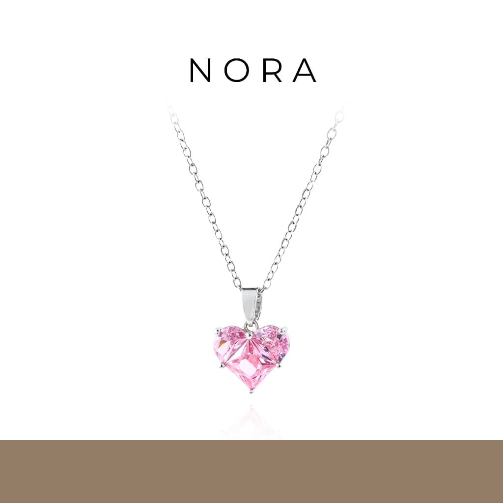 Jewelry สร้อยคอผู้หญิง สร้อยคอเงินทองคำขาว สร้อยคอจี้เซอร์โคเนียรูปหัวใจสีชมพู N250207