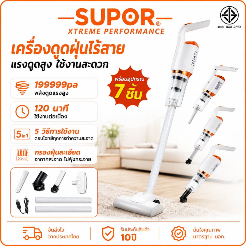 10ปี การรับประกัน SUPOR  เครื่องดูดฝุ่นไร้สาย 199999PA 5 วิธีการใช้งาน เครื่องดูดฝุ่น Vacuum Cleaner