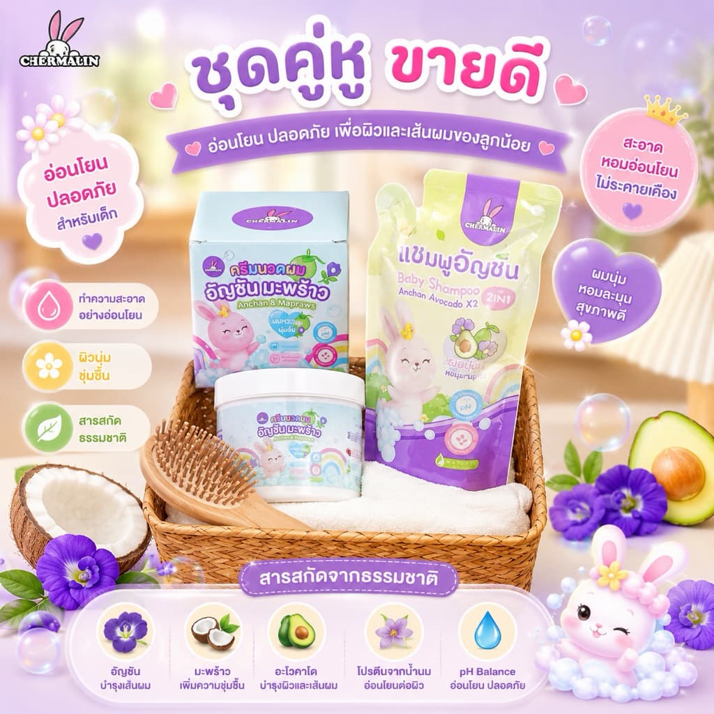 [ เซ็ตคู่ชุดใหญ่ ] แชมพูอัญชันอโวคาโด (500 ml.) และครีมนวดอัญชันมะพร้าว( 500ml.).ช้วยบำรุงผมกดดำ