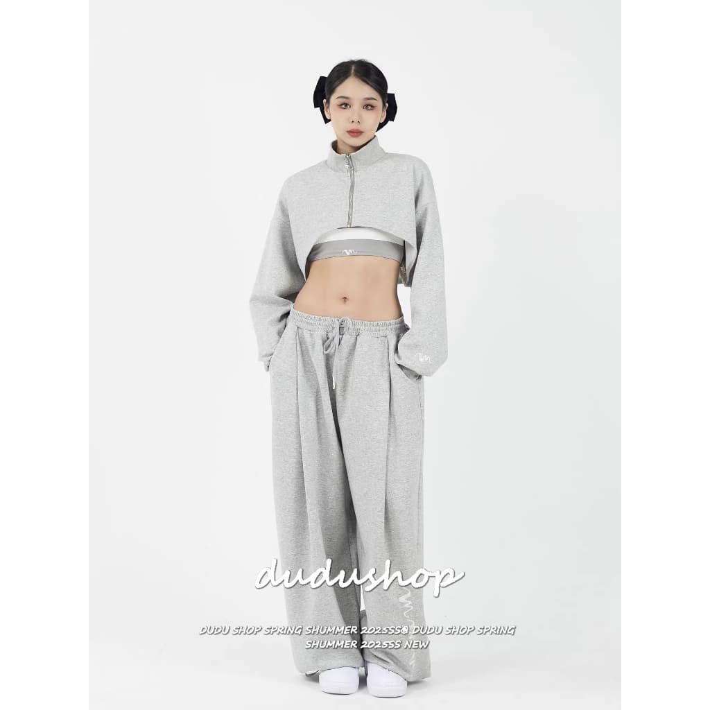 [Trendy casual two-piece set]เสื้อแจ็กเก็ตสั้นซิปหน้าและกางเกงขายาวทรงกว้างสไตล์เรโทรอเมริกันสำหรับผู้หญิง