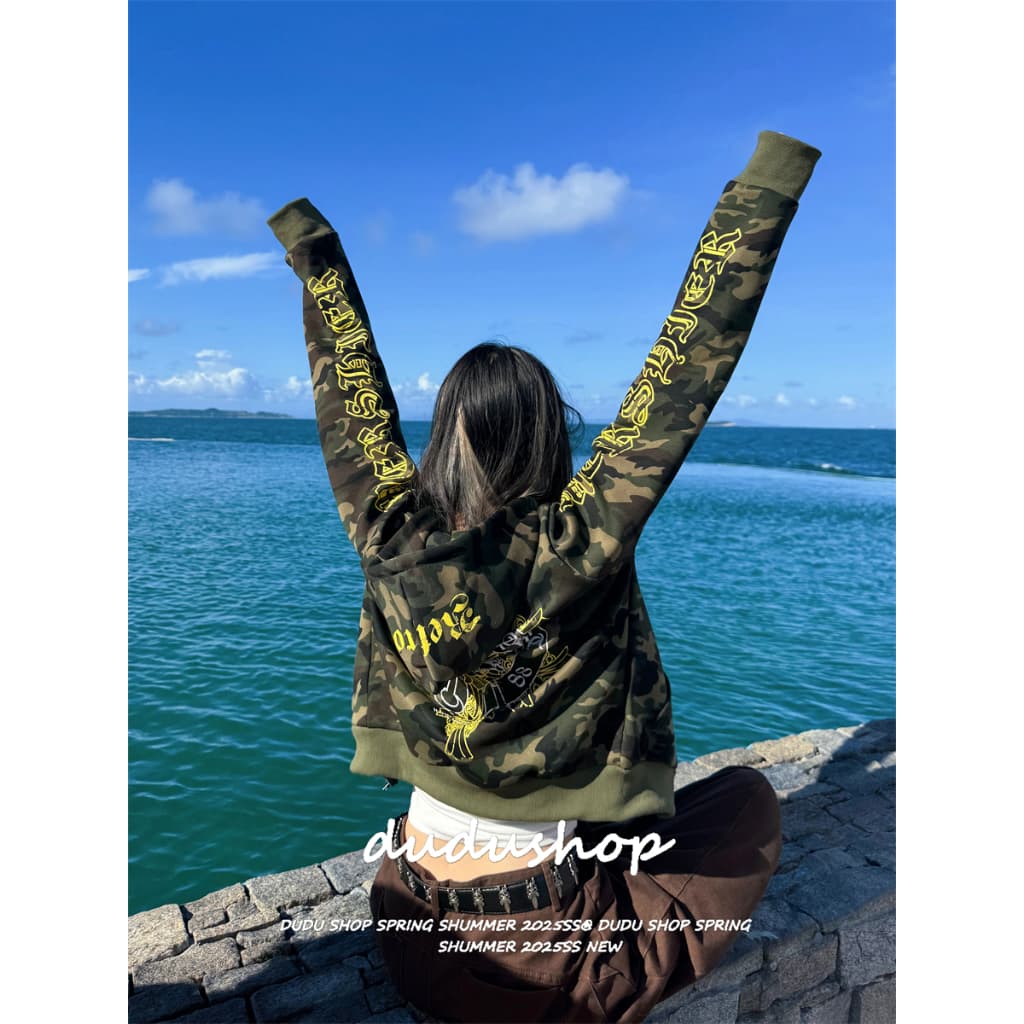 [Camouflage Zip-Up Hooded Jacket]เสื้อแจ็คเก็ตฮู้ดแขนยาวมีซิปสไตล์เรโทรลายพรางสำหรับผู้หญิง