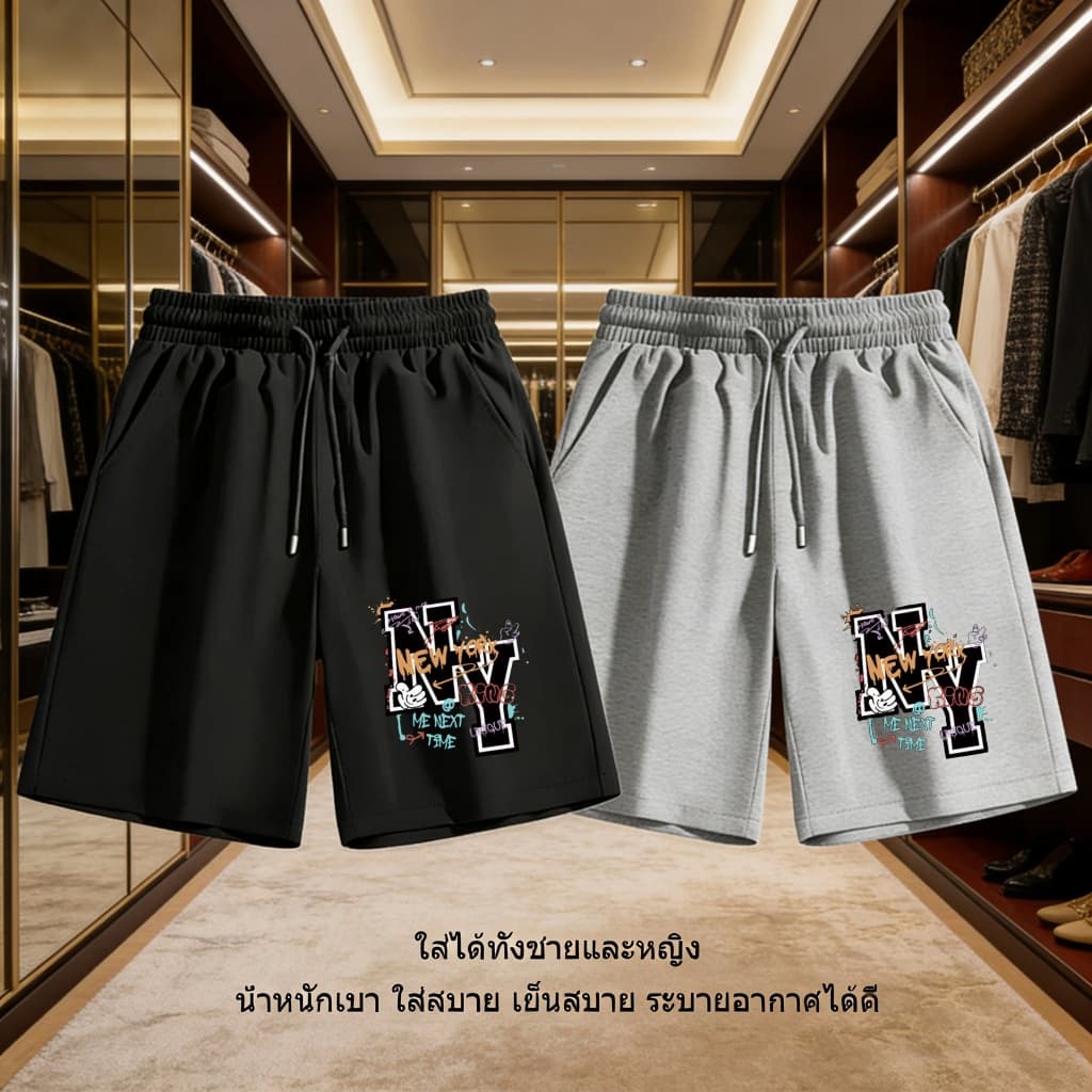 COD--กางเกงขาสั้นพิมพ์ลาย สีดำและสีเทา เหมาะสำหรับทุกคนเสื้อผ้าที่ใส่สบาย ผ้านุ่ม ดีไซน์สวย