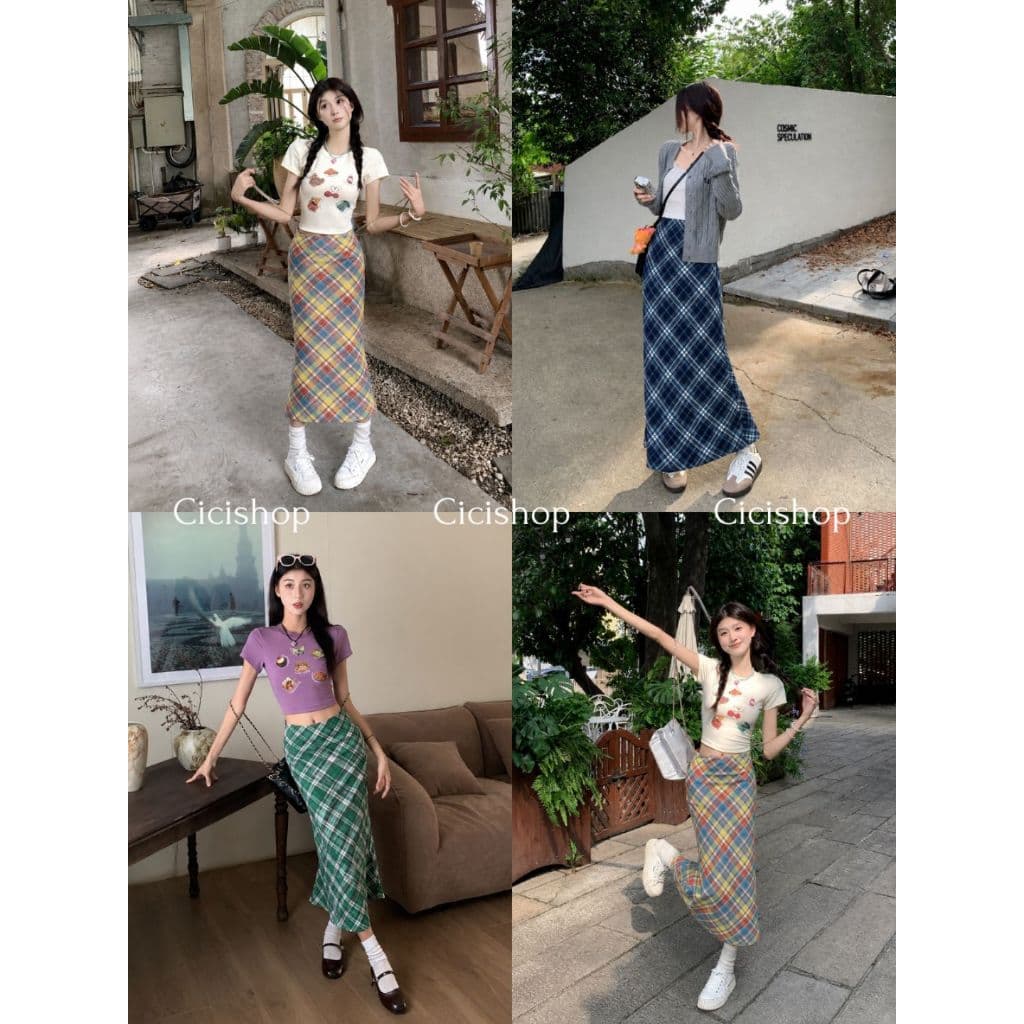 Cicishop(902) Scott so skirt กระโปรงยาวลายสก๊อต เก็บทรงสวย แมตช์ได้หลายลุค