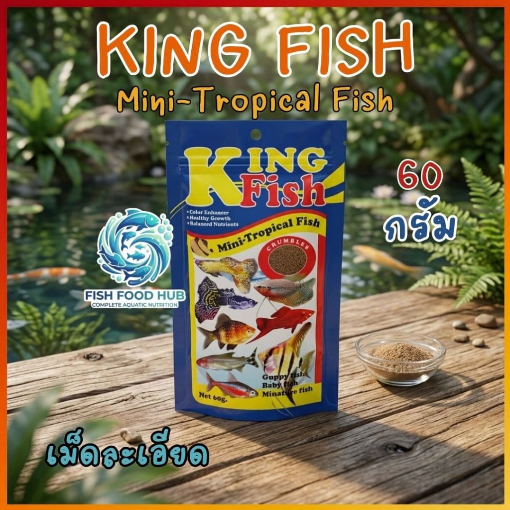 King Fish 60 กรัม ซองน้ำเงิน Mini-Tropical อาหารปลาเม็ดละเอียด เหมาะสำหรับปลาสวยงามขนาดเล็ก
