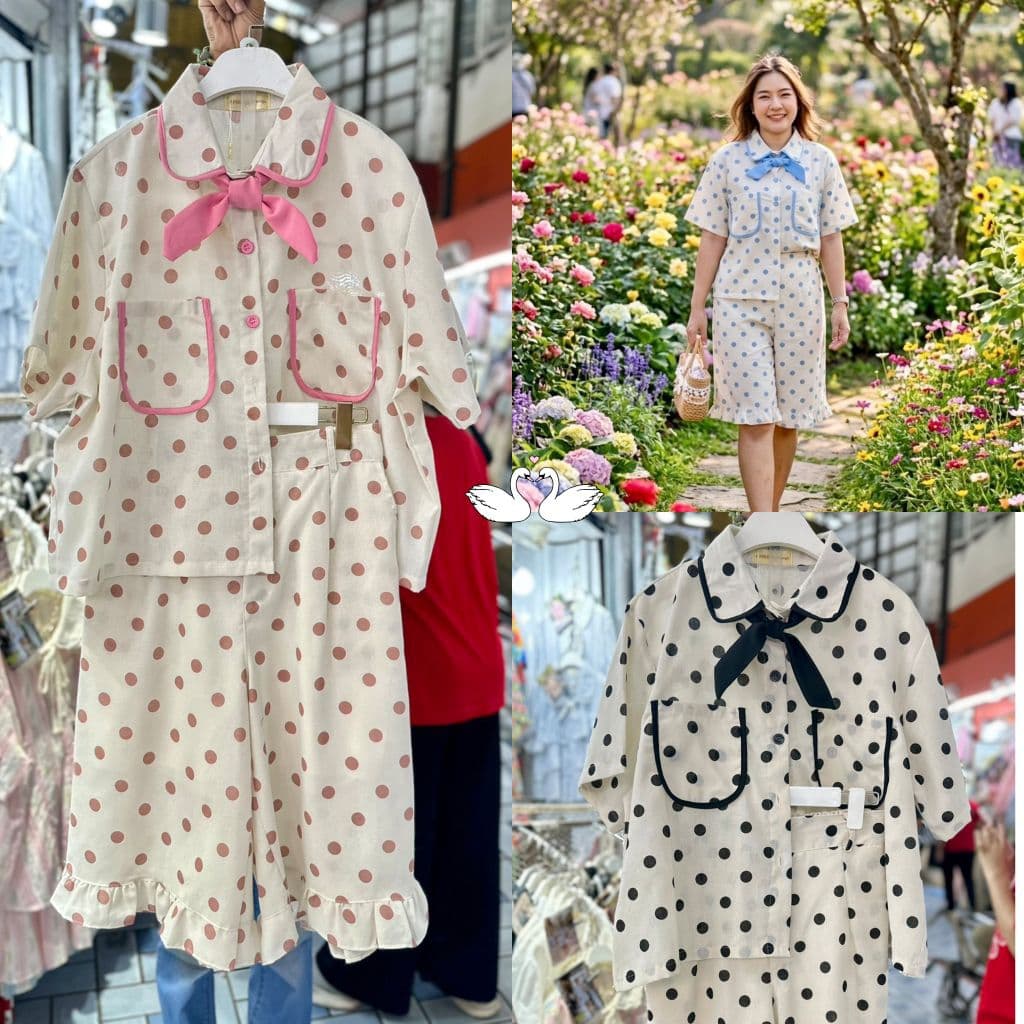 ชุดเซ็ทแฟชั่นสาวอวบงานผ้าฝ้ายลายจุดน่ารัก🩷🩵 เสื้อผูกโบว์+กางเกง4ส่วน