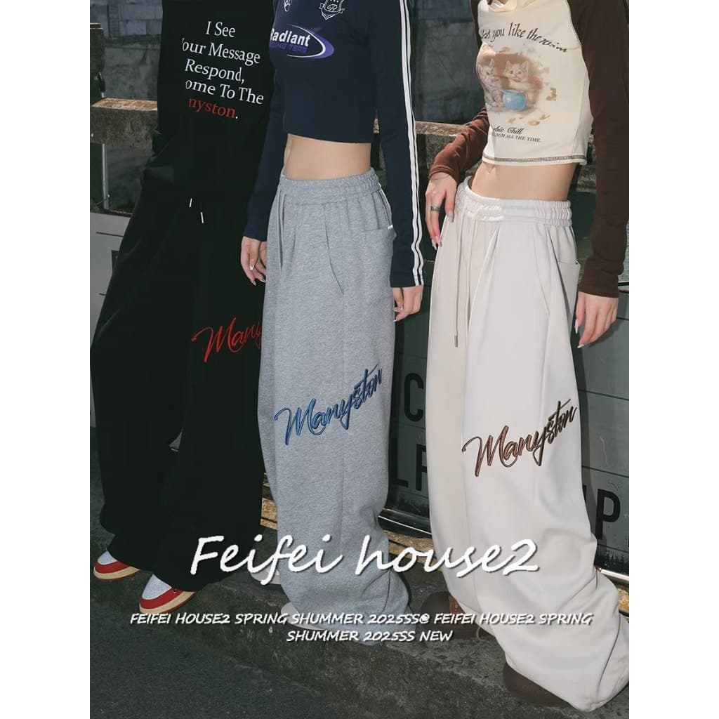 [letter embroidered versatile trousers]ผู้หญิงสไตล์สตรีทเรโทรงานปักลำลองสำหรับกางเกงขายาวทรงกว้าง