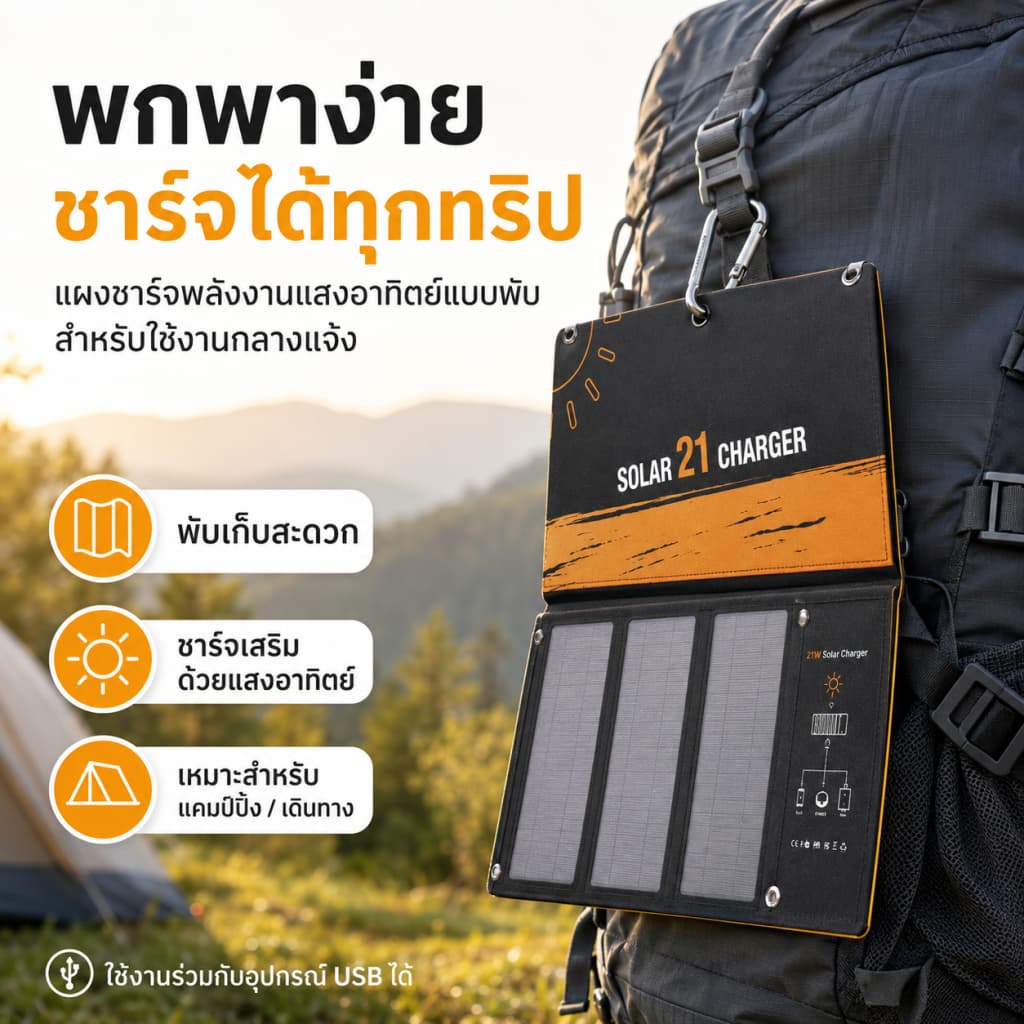 ✨ ที่ชาร์จแสงอาทิตย์ 21W พกพาได้ 2ช่อง USB ชาร์จเร็ว กันน้ำ แคมป์ปิ้ง เดินป่า ใช้งานกลางแจ้งฉุกเฉิน